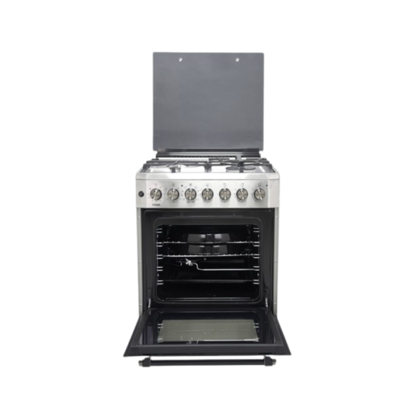 MIKA Standing Cooker,60cm x 60cm,3 Gas Pool Jet Burners(1 Wok)+ 1 RAPID Hot Plate,FLAME FAILURE SAFETY,Auto Ignition,10 Function Electric Oven(Air Fry+Convection Fan),Rotisserie,Half Inox