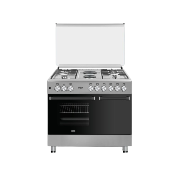 MIKA Standing Cooker, 90cm x 60cm, 4 Gas Pool Jet Burners + 2 RAPID Hot Plates, Auto Ignition, 4 Function Electric Oven, GAS CYLINDER CABINET, Rotisserie, S.S Hob,Silver Body