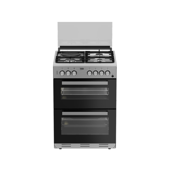 BEKO Standing Cooker, 60cm X 60cm, 3 Gas Burner + 1  Rapid Hot Plate, Double Oven, Stainless Steel Inox