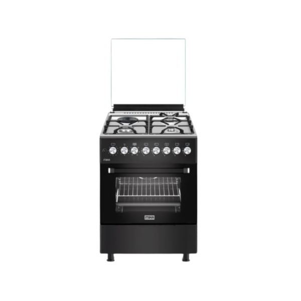 MIKA Standing Cooker,60cm x 60cm,3 Gas Pool Jet Burners +1 RAPID Hot Plate,FLAME FAILURE SAFETY,Auto Ignition,6 Function Electric Oven(Convection Fan),Rotisserie,S.S Hob,Matt Black Body