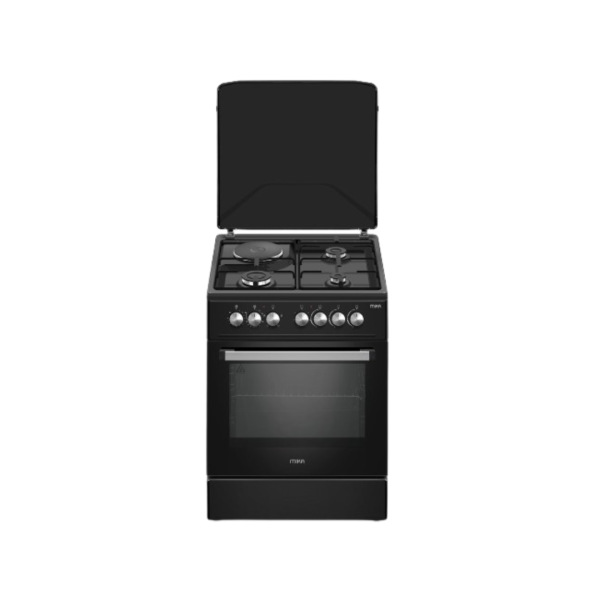 MIKA Standing Cooker, 60cm x 60cm, 3 Gas Pool Jet Burners + 1 RAPID Hot Plate, Auto Ignition, 4 Function Electric Oven, Rotisserie, Full Black