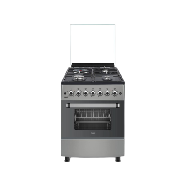 MIKA Standing Cooker, 58cm x 58cm, 3 Gas Pool Jet Burners + 1 RAPID Hot Plate, Button Ignition, 4 Function Electric Oven, Rotisserie, Dove Grey