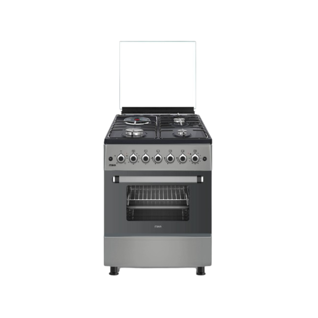 MIKA Standing Cooker, 58cm x 58cm, 3 Gas Pool Jet Burners + 1 RAPID Hot Plate, Button Ignition, 4 Function Electric Oven, Rotisserie, Dove Grey