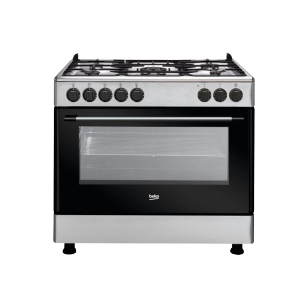 BEKO Standing Cooker, 90cm X 60cm, 4 Gas Burner + 1 Wok, Electric Oven, Silver