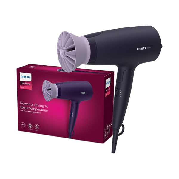 PHILIPS 3000 Series Hairdryer with Thermoprotect attachment, 1600W, 3 Heat and speed settings, Black